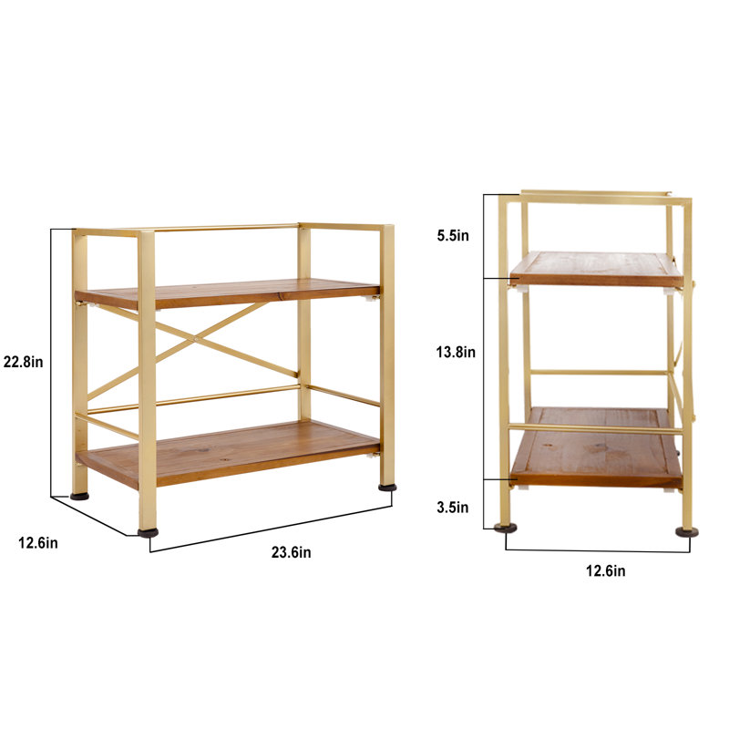 Iron Solid Wood Etagere Bookcase, Gold, (2 Shelves ) 22.8" H x 23.6" W x 12.6" D
