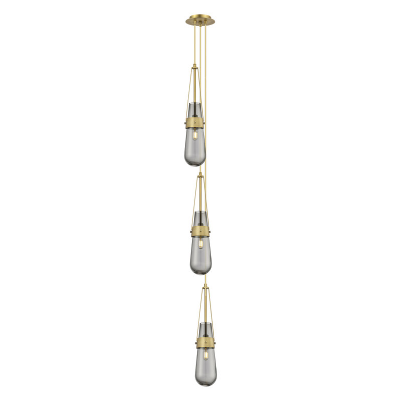 Luminaire suspendu grappe à 3 lumières Secor, Laiton brossé, Gris fumée clair