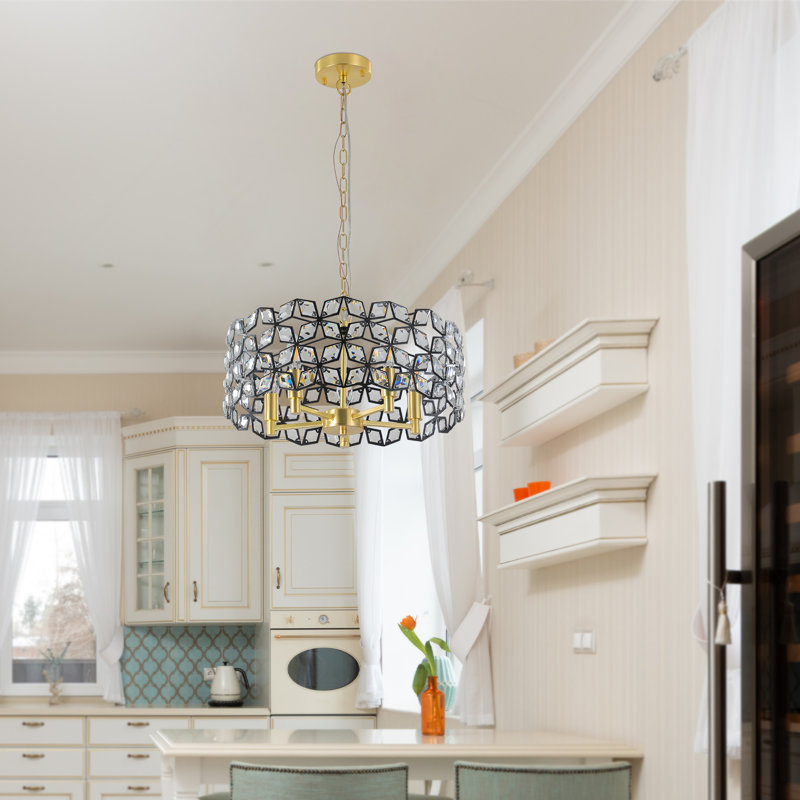 Lustre moderne avec abat-jour en cristal, cadre noir et or brossé, 5 lumières
