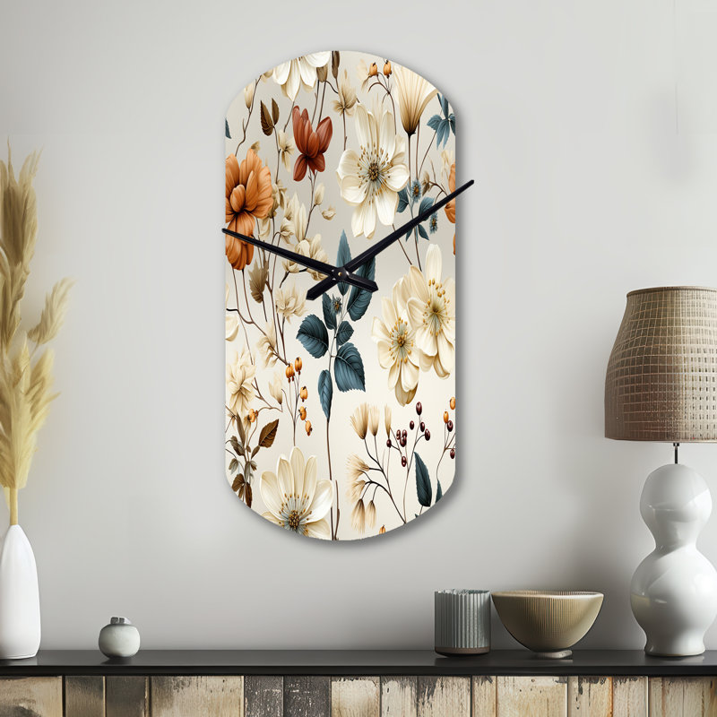 Automne orange et blanc fleurs de chalet - horloge murale cylindrique en métal, Grand