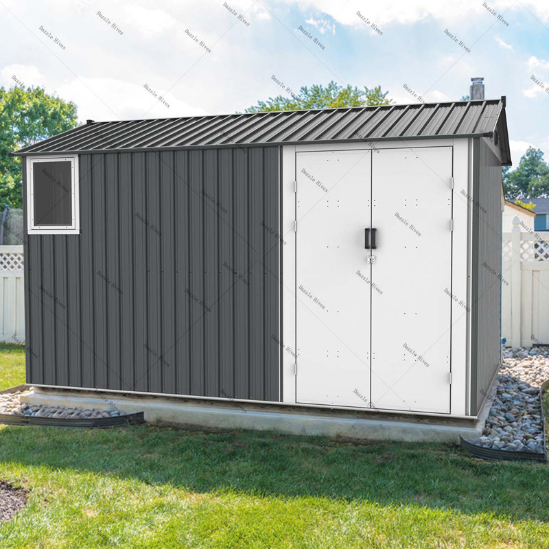 Metal Outdoor Storage Shed with Window, Floor Base, Air Vents and Double Hinged Door
