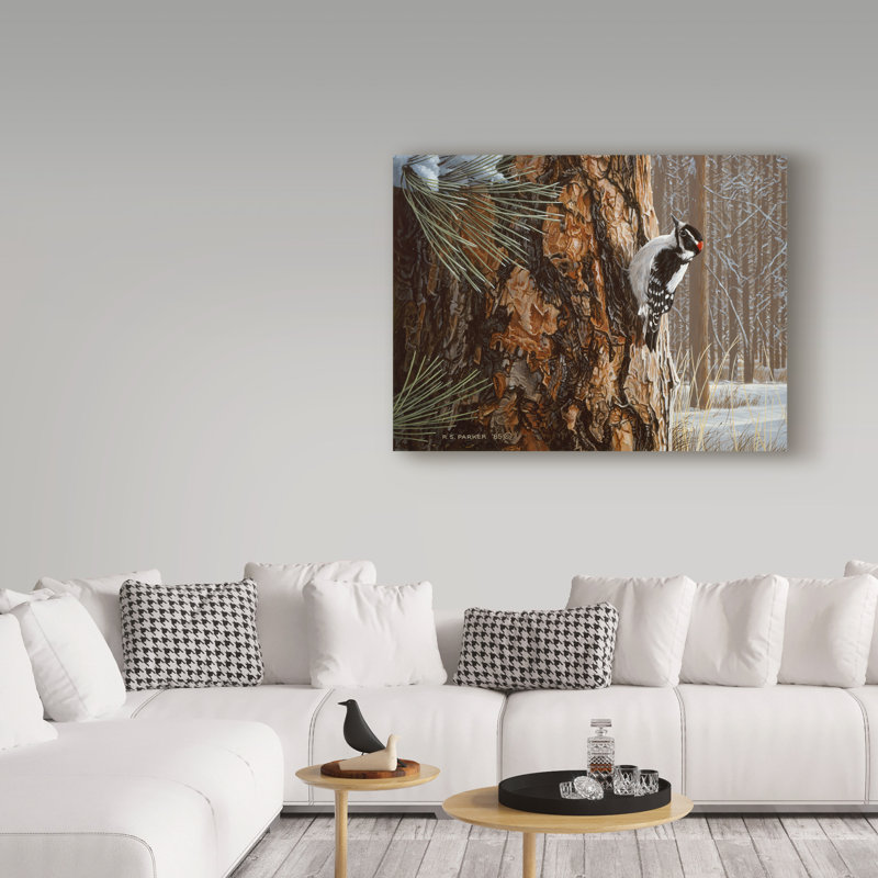«Winter Pine Downy Woodpecker» par Etelca, impression sur toile tendue, H 35 po x l 47 po x P 2 po