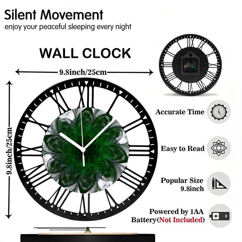 Horloge murale ronde en fer 10 po avec mouvement à quartz silencieux, chiffres romains, impression UV, Vert forêt / gris
