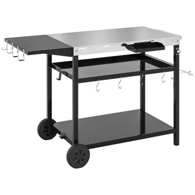 Outdoor Bar Cart & Grill Table with Wheels, Stainless Steel Top Pizza Oven Stand, Three-Tier Storage & Hooks, Multipurpose Prep Table for Patio & Backyard