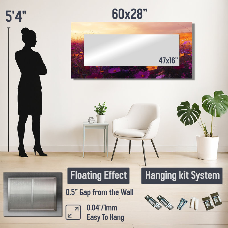 Fleurs sauvages dans la prairie d'automne II - Miroir floral pour décoration murale - imprimé sur métal, 28 po x 60 po