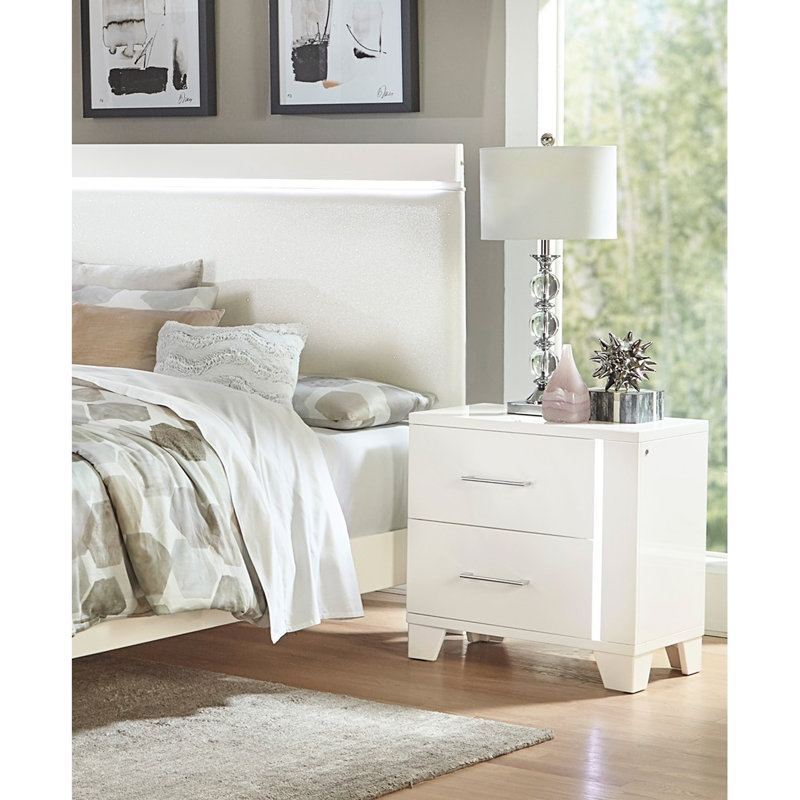 Table de chevet moderne avec finition blanche et bande à DEL, éclairage de style 2 tiroirs, intérieurs