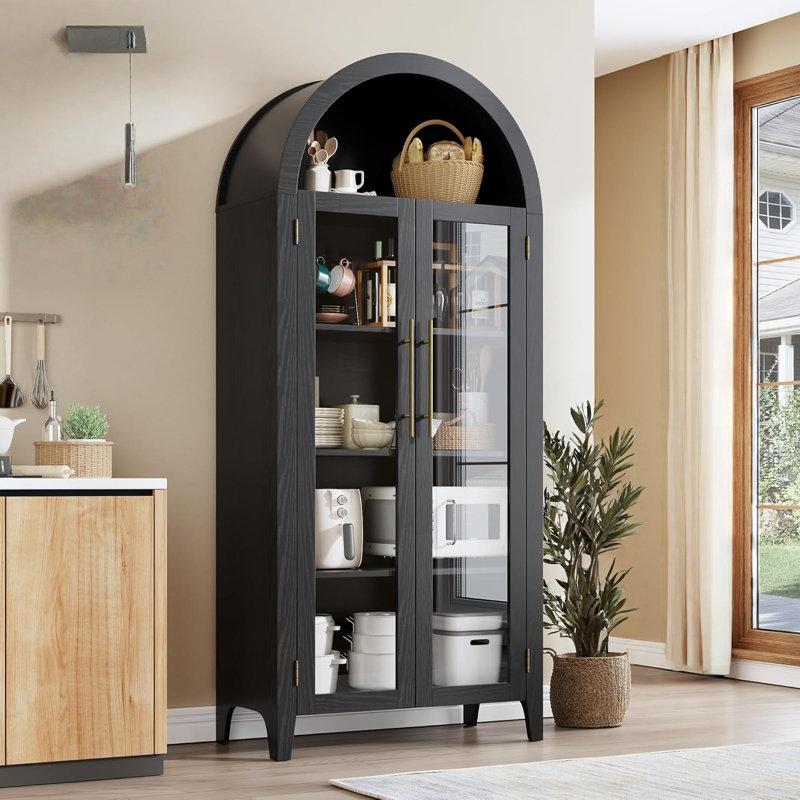 Arched Bookcase Cabinet, Farmhouse 5-Tier Shelf with Adjustable Shelf and 2 Glass Doors, Versatile Storage Cupboard for Kitchen, Dining Room, Living Room