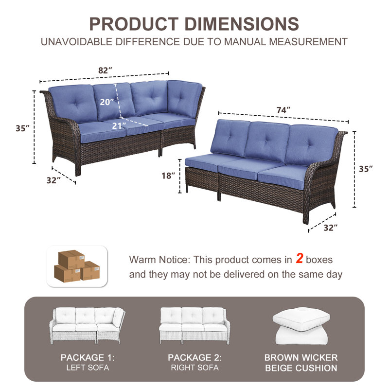 Canapé d'angle extérieur en osier avec coussins confortables, Bleu