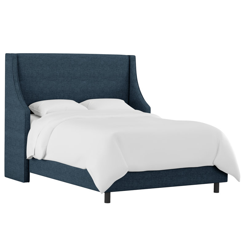Lit tapissier standard à profil bas Bernadine, Simple, Lin texturé bleu marine Zuma