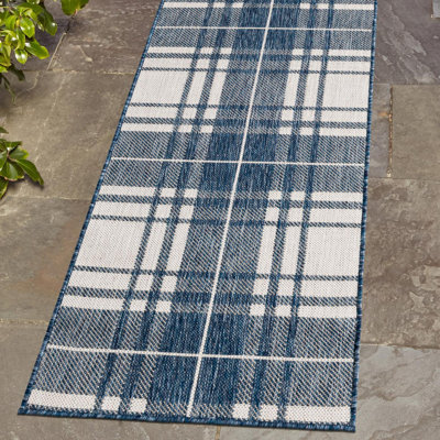 Tereon Plaid Machine Made Power Loom Polypropylene Plastic Indoor/Outdoor Area Rug in Blue/White