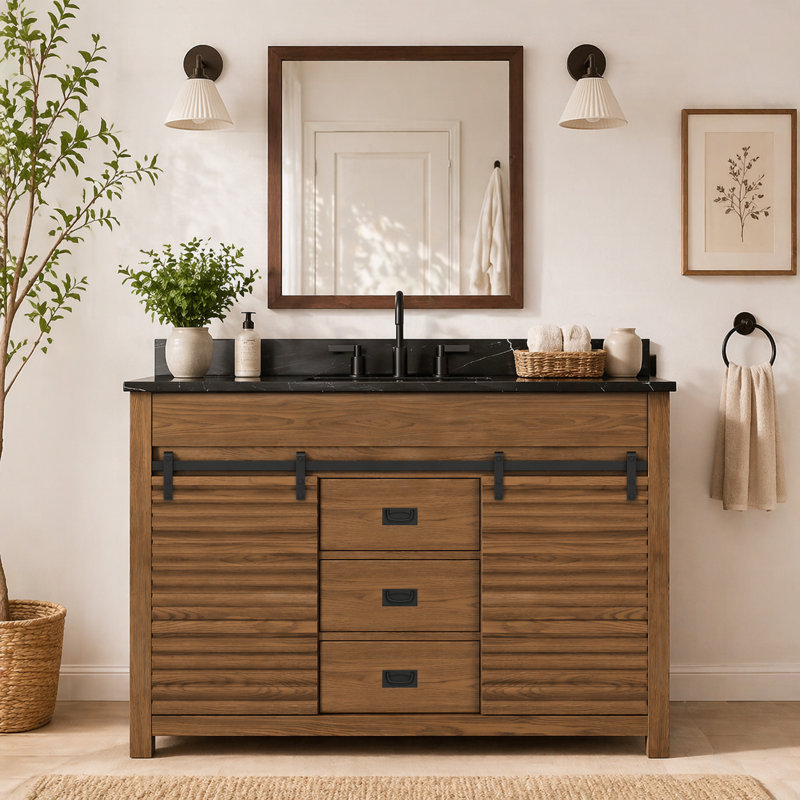 Kaeron Freestanding Single Sink Bathroom Vanity With Sliding Barn Door And Sintered Stone Top, Single