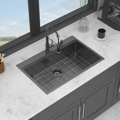 Évier de cuisine à poser 33 po avec robinet escamotable, noir acier, cuve simple de calibre 16 en acier inoxydable | Idée cadeau