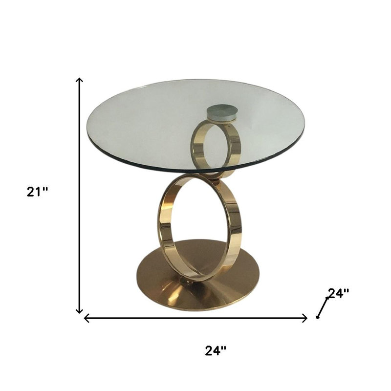  Table de bout contemporaine à piédestal en verre transparent et doré 21 po Contemporary