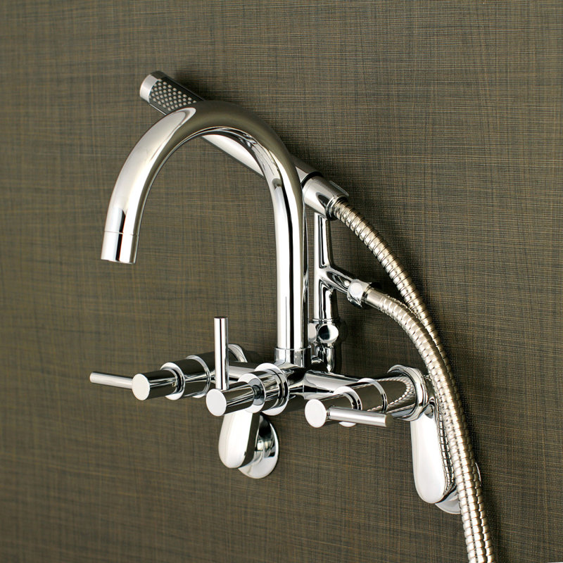 Kingston Brass Concord Three-Handle 2-Hole Tub Wall Mount Clawfoot Tub Faucet with Hand Shower, Polished Chrome