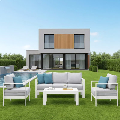 Ensemble de conversation de patio 5 pièces en aluminium 5 pièces, canapé d'extérieur 7 places avec coussins gris clair épais et structure noire et table basse