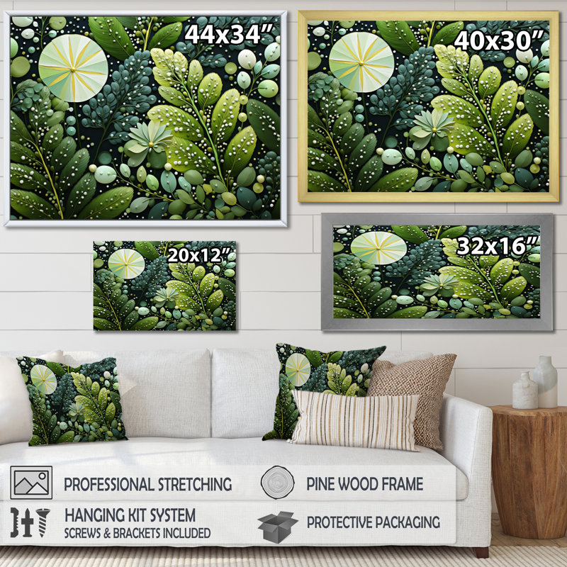 Fougères vert clair fantaisiste - Spirales III - impression, H 34 po x l 44 po x P 1,5 po, Cadre simple noir