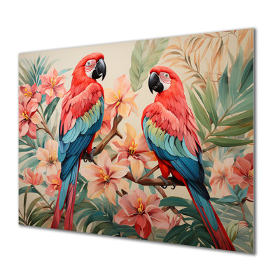 Fleurs tropicales roses et bleues, art mural perroquet en métal