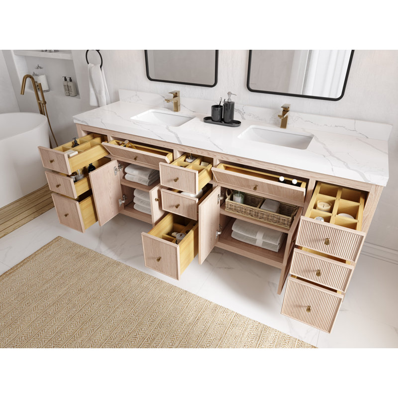 Meuble-lavabo double autoportant 84 po avec comptoir en quartz 84 po, Noir Calacatta