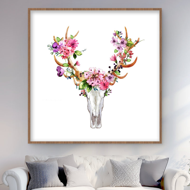Crâne de cerf rustique avec fleurs | Meilleure vente, reproduction encadrée, H 48 po x l 48 po, Brun