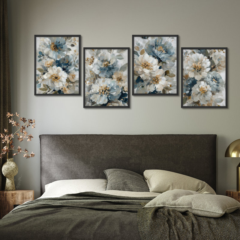 Ensemble de 4 reproductions d'art floral floral, H 20 po x l 16 po, Blanc