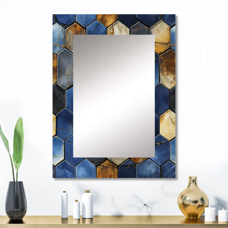 Gris et bleu Hexagone Symmetry - miroir géométrique, miroir mural géométrique unique, impression d'art en métal