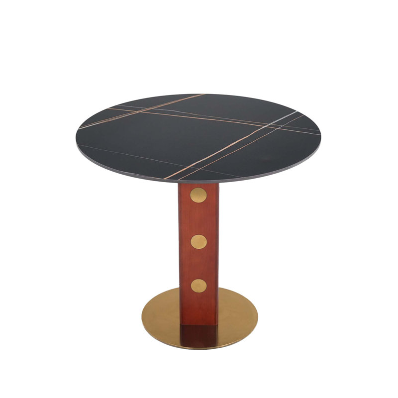 Table de salle à manger moderne 33,5 "pour 2 personnes avec piédestal carré en bois et base dorée pour petits espaces, Noir
