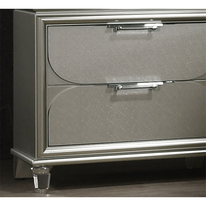 Contemporary Silver 1Pc Nightstand Acrylic Handles Embossed Panels English Dovetails 2-Drawers Bedside Table (Only Nightstand)