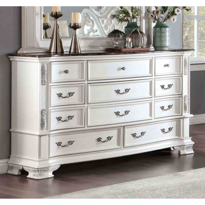Commode de luxe 1 pièce blanc avec tiroirs à queue d'aronde et plateau en marbre véritable