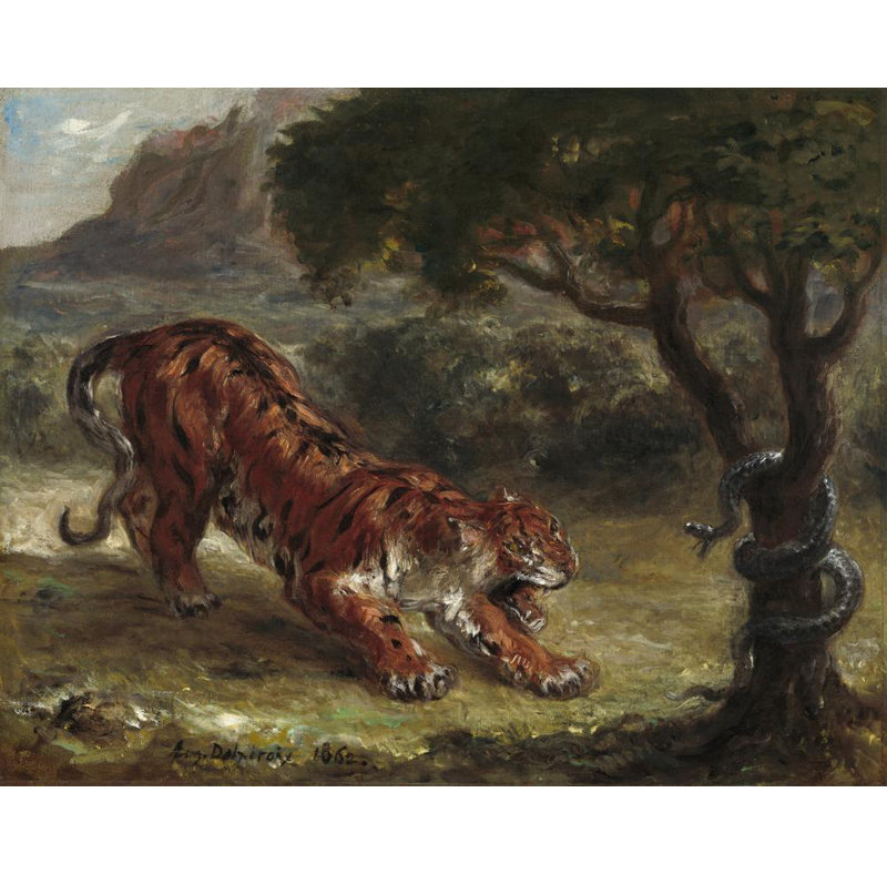 "Tigre et serpent" par Eugène Delacroix - Toile tendue avec châssis, H 28 po x l 40 po