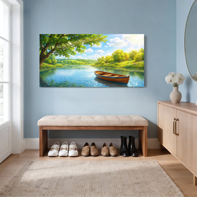 Paysage de rivière sereine avec bateau en bois, reproduction d'art sur toile tendue sur toile, ensemble de 1