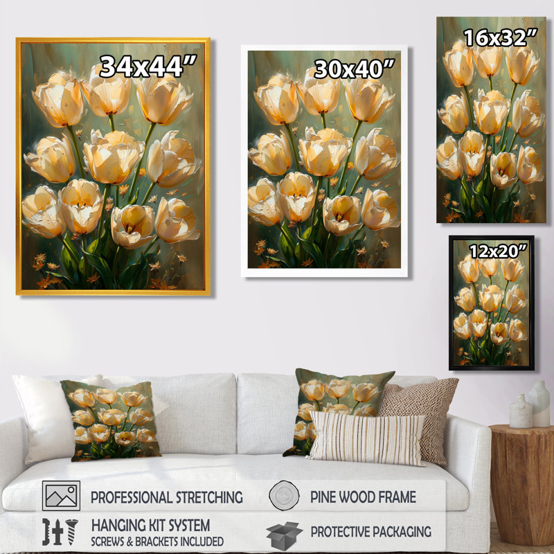 «Beige Green Petite Blooms Tulips», impression d'art mural, H 24 po x l 32 po, Toile tendue