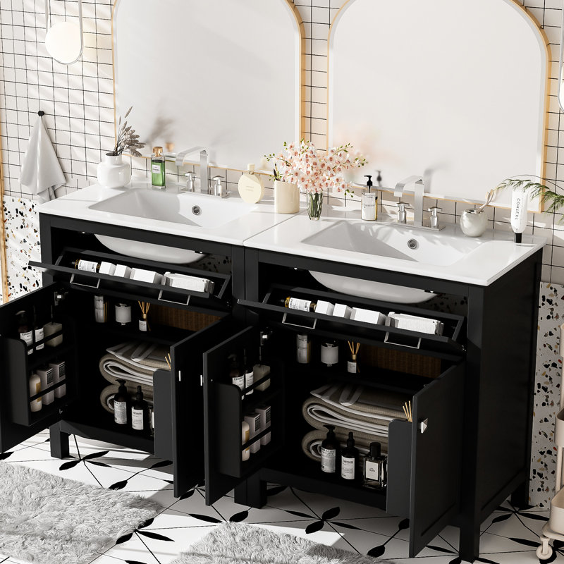 Meuble-lavabo de 152 cm (60 po), double lavabo en céramique, tablette en U réglable, charnières à fermeture invisible, tiroir rabattable – Meuble sophistiqué, une élégance discrète.