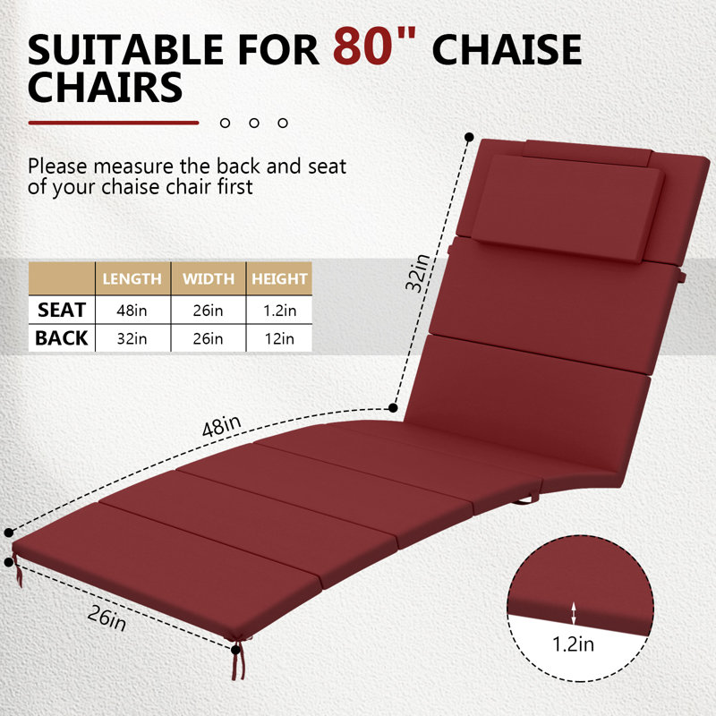 Coussin de chaise longue d'extérieur L 72 po x l 21 po x P 1,18 po (ensemble de 4), 48" W x 26" D, Rouge
