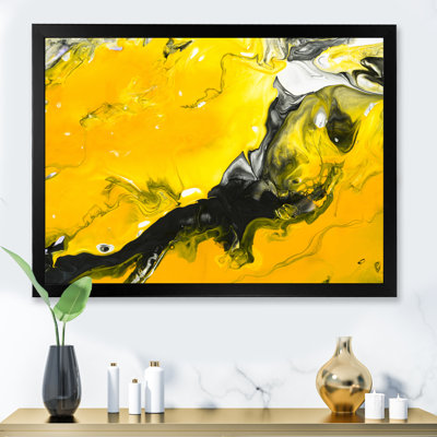 Jaune, jaune, noir et blanc, art liquide IV - peinture sur toile