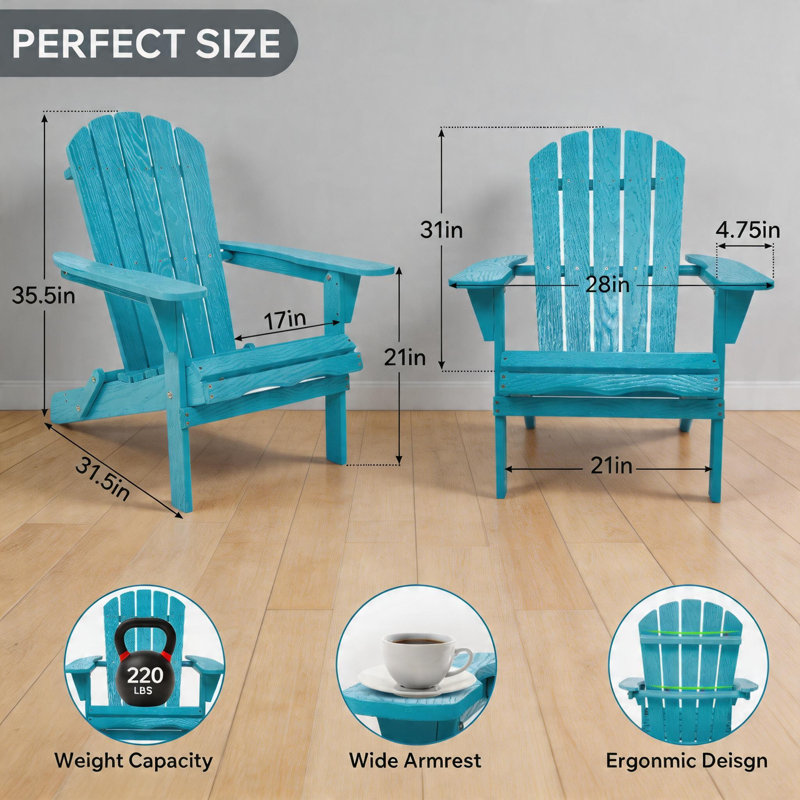 Set of 6 Solid Wood Folding Adirondack Chairs, Outdoor Lounge Patio Chairs for Garden, Lawn & Backyard, Turquoise Blue