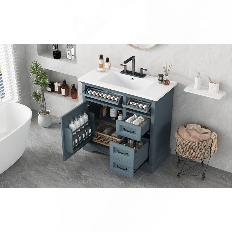 Meuble-lavabo 36 po avec lavabo en céramique, 2 tiroirs basculants, charnières de porte à fermeture en douceur, bleu gris