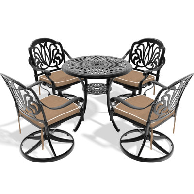 Cast Aluminum 5 Dining For Garden - 4 Swivel Chairs & 30.71" Round Table, Black, Elaborate Lines, Coating, Comfortable Seating Experience, 350Lbs Seat Weight Capacity, Cushions Included, Simple