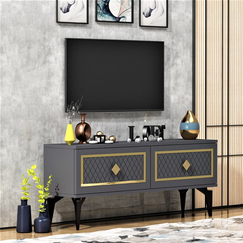Meuble télé Catena, anthracite et or, 47,2 po x 19,3 po x 11,6 po Catena | 100% panneau de particules enduit de mélamine, épaisseur: 0,7 pouce | Conception élégante avec hauteur des pieds de 19,0 pouces, parfaite pour le salon et les espaces de divertissement