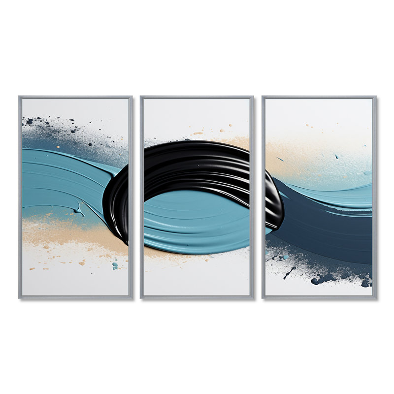 «Shadow Balance Blue and Black - Abstract Modern Waves», ensemble de reproduction d'art mural, Encadrement argenté