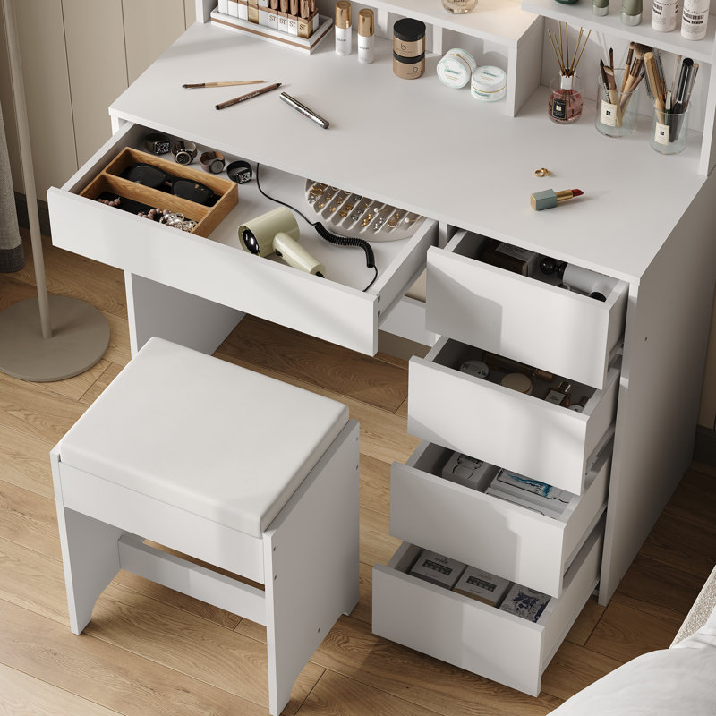 Shylo Makeup Vanity Desk with LED Lighted Mirror & 5 Drawers, Vanity Set with Stool for Bedroom, White