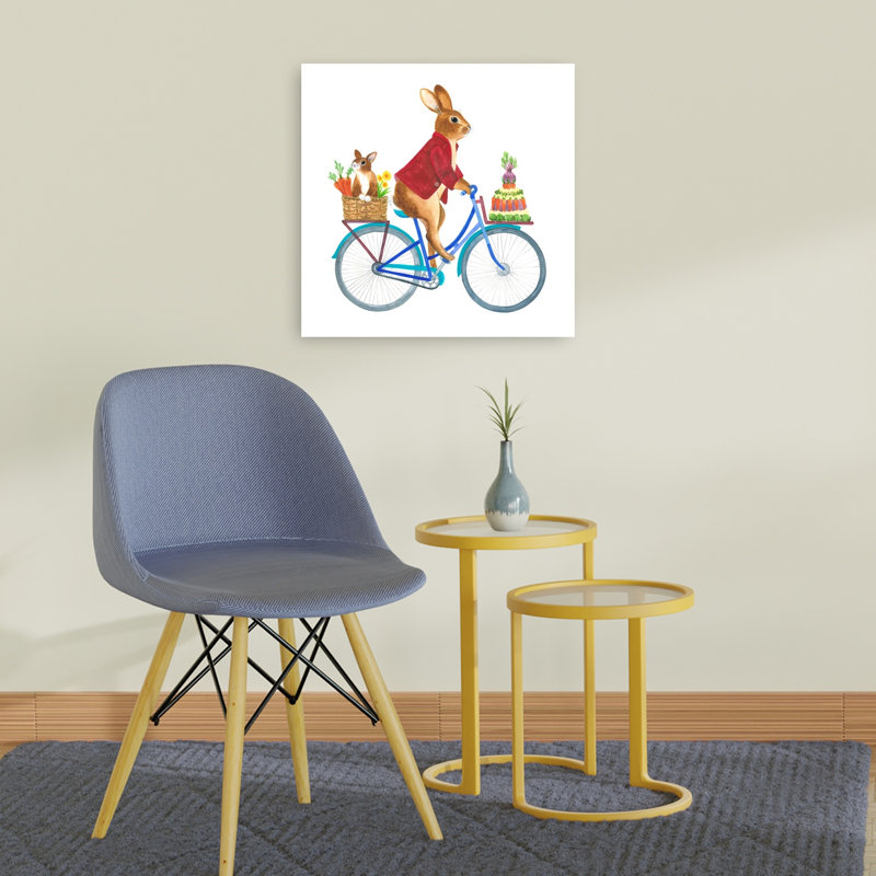 Lapin de Pâques, tour de vélo, fantaisie, lapin, printemps, art mural, 24" H x 24" W