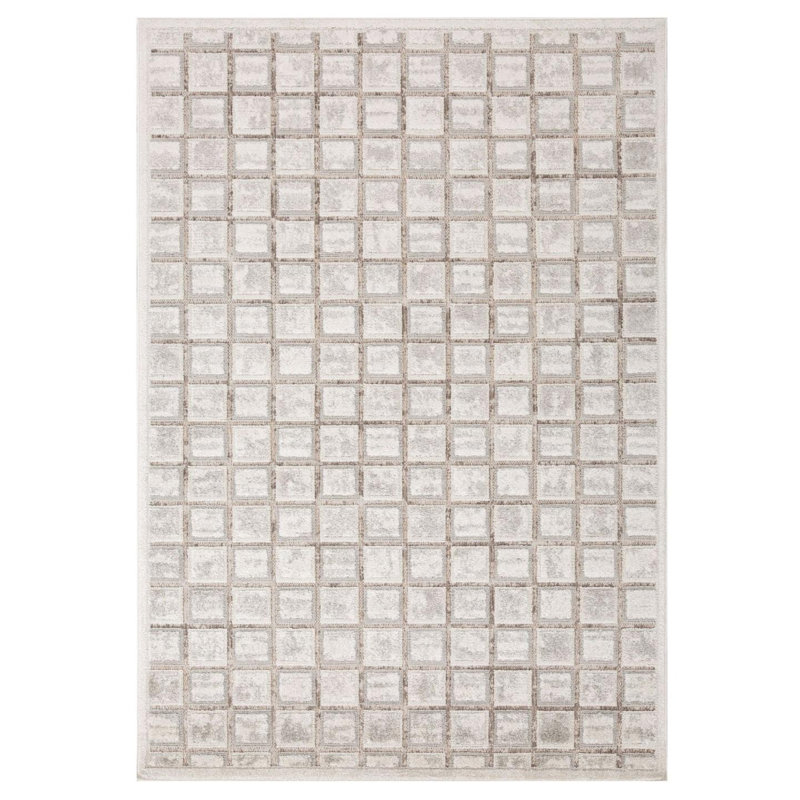 Modern Geometric Grid Area Rug, Mushroom, 5x7