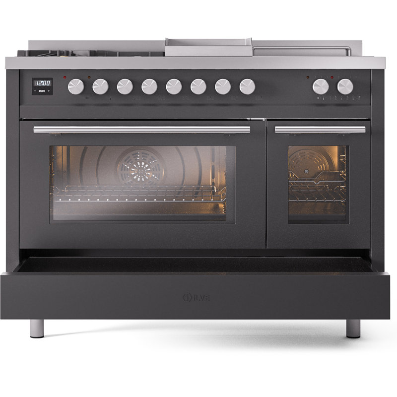 Cuisinière à double carburant ILVE ProfessionalPlus II 48, boutons, Graphite mat, Gaz naturel
