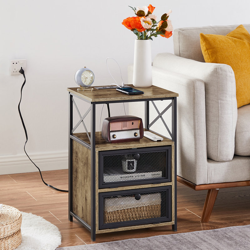 Nightstand Set With Charging Station End Side Tables Set With Storage Drawers And USB Ports & Power, Gray