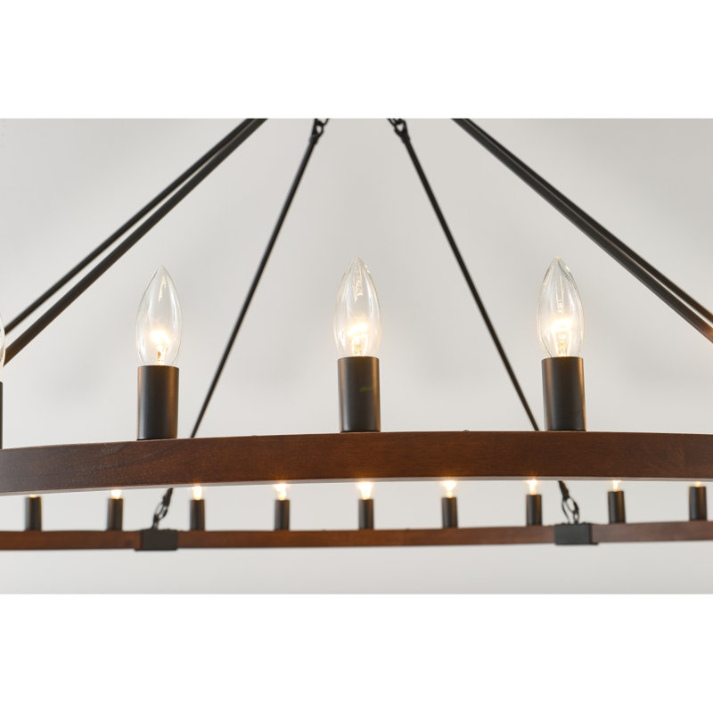 Lustre 32 pouces en roue de chariot, luminaire suspendu en bois rustique 12 lumières avec chaîne réglable