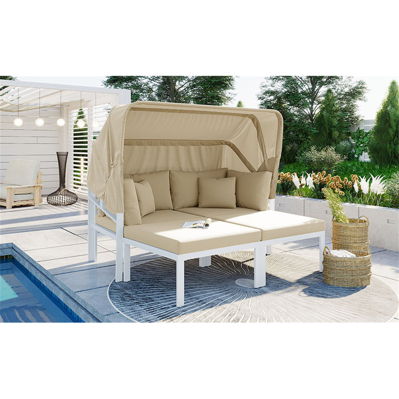 Lit de jour d'extérieur rectangulaire avec coussins Travonda, Beige, Blanc