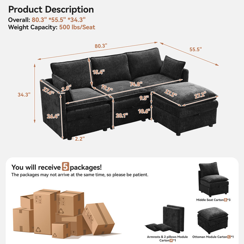 80.3" L-Shaped Modular Sectional Sofa with Storage, Black