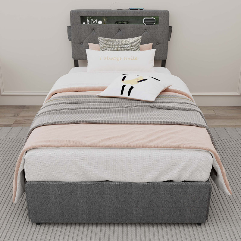 Structure de lit avec station de charge USB, lumières DEL et 4 tiroirs de rangement, Simple, Gris foncé
