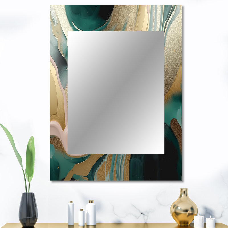 Or et vert marbré Euphoria V - miroir décoratif en marbre, grand miroir mural doré, impression d'art en métal, 40 po x 30 po