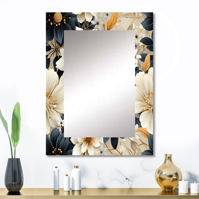 Motif de chrysanthèmes de fleurs bleues et beiges Allonte - miroir décoratif floral, miroir mural traditionnel, 32 po x 24 po